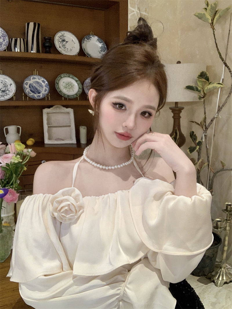 法式超仙喇叭袖襯衫女春季純欲甜辣妹性感掛脖一字肩短款上衣實拍