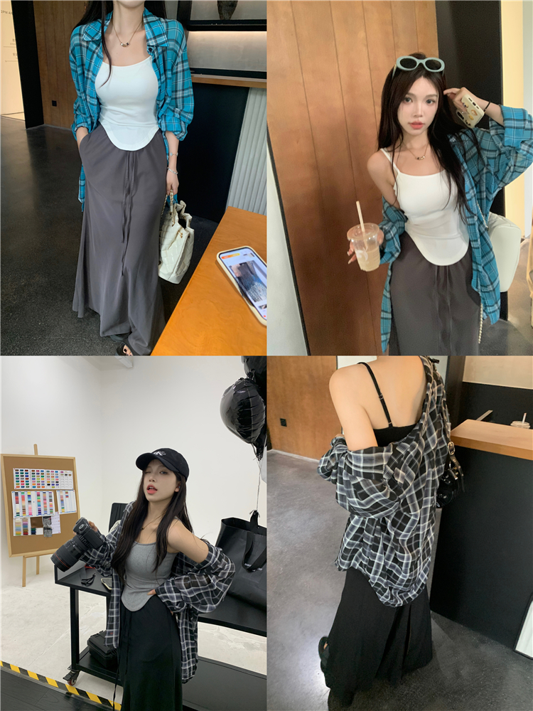 實拍~U杏下擺吊帶打底純欲內搭+格紙片人襯衫+抽繩魚尾遛彎裙