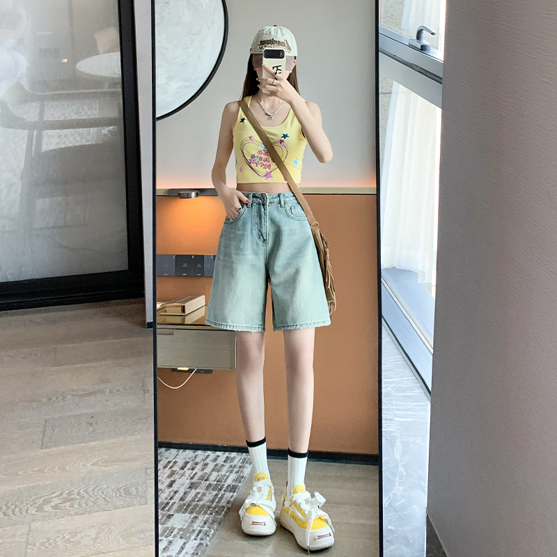 實拍~高腰牛仔短褲女薄款外穿2024夏季新款五分寬鬆顯瘦闊腿褲