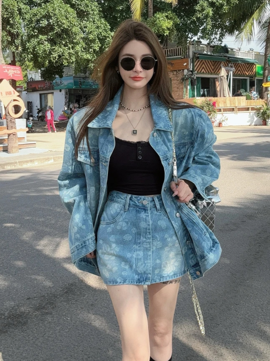 2024新款韓版寬鬆辣妹顯瘦印花牛仔外套女+高腰半身裙兩件套