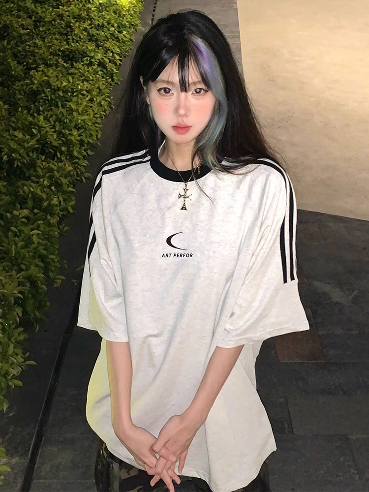 官圖  220克100%棉三條槓 2024年新款夏裝短袖T恤女