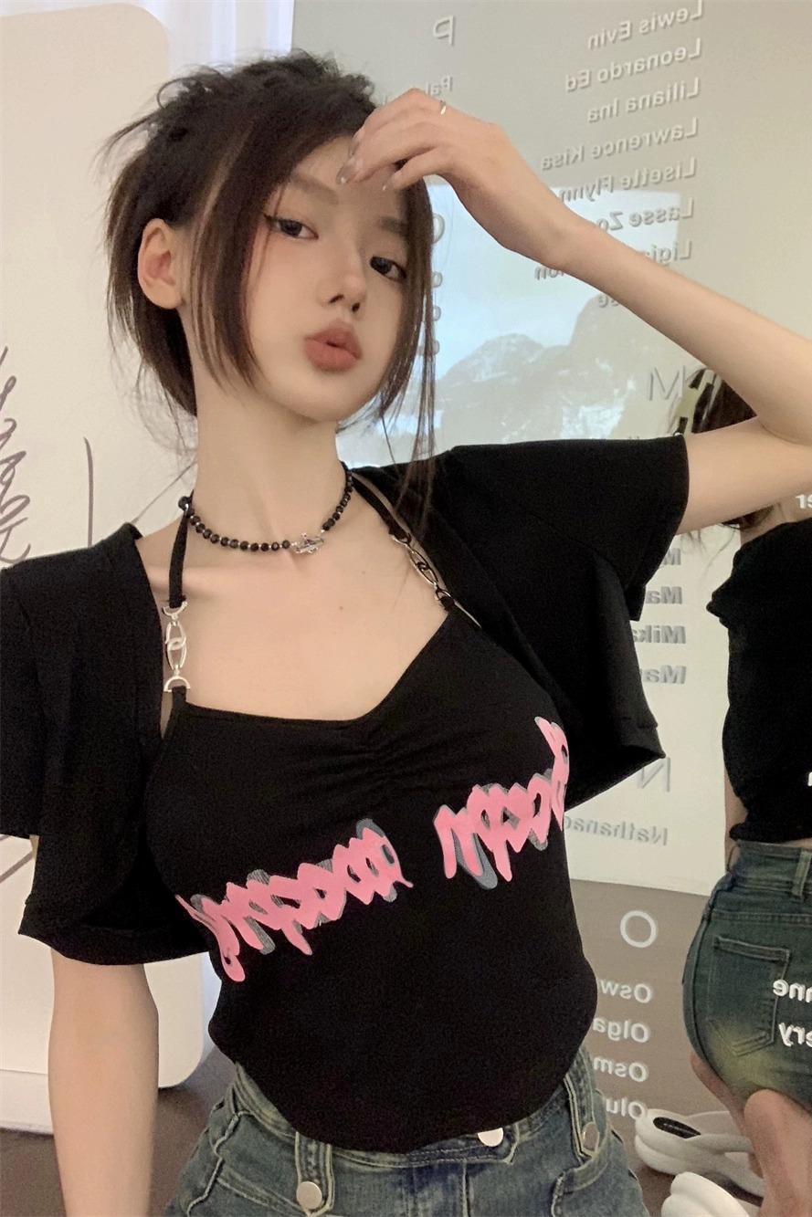 甜辣妹掛脖吊帶背心女夏季套裝不規則內搭性感短款上衣外穿兩件套