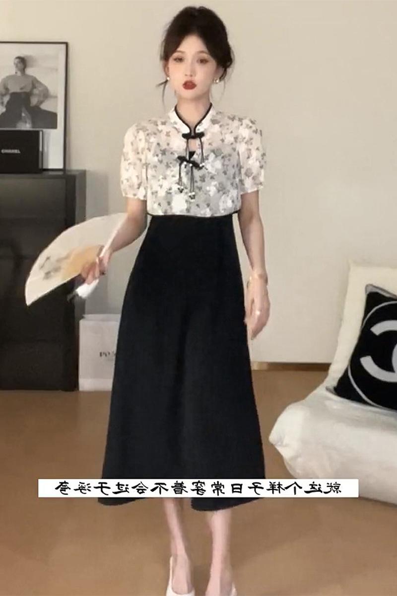 法式吊帶裙赫本小黑裙新中式國風碎花連衣裙夏季長裙