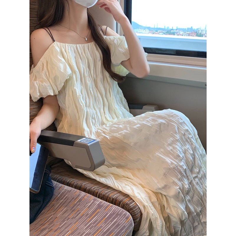 實拍  夏季溫柔少女褶皺壓褶吊帶連衣裙
