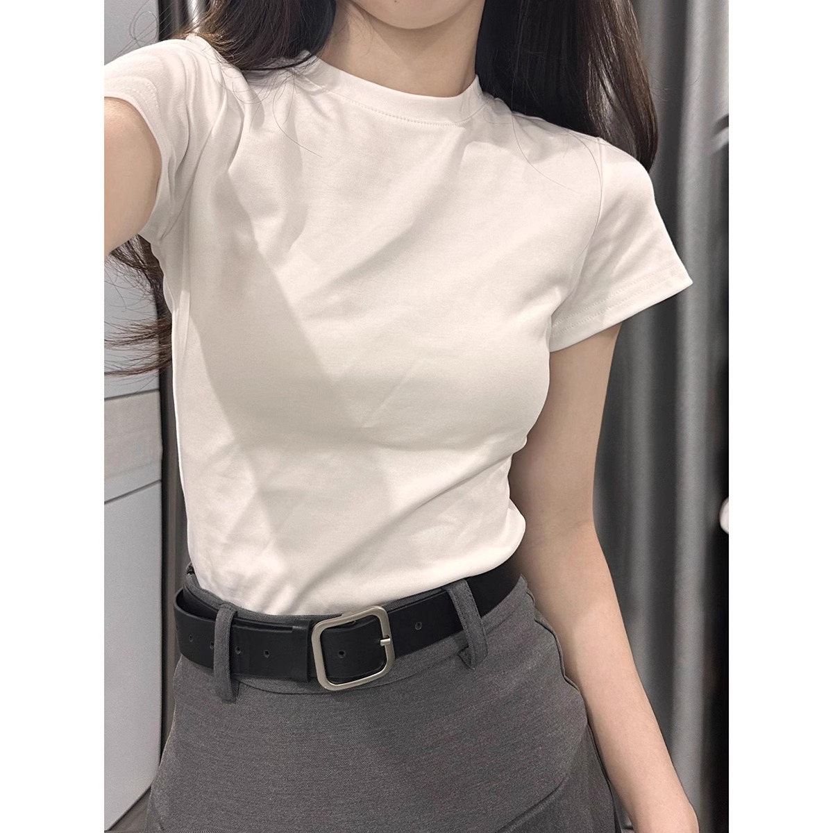 官圖 92棉/8氨綸40支210g純棉 白色正肩短袖T恤女