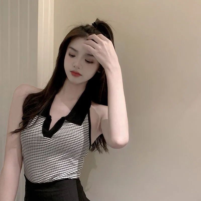 無袖性感露肩polo領法式上衣洋氣減齡修身顯瘦吊帶背心女夏季外穿