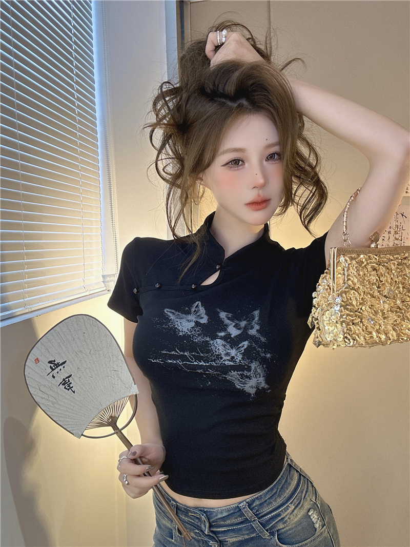 實拍~2024夏季新款國風中式設計感洋氣修身小眾辣妹短袖t恤女