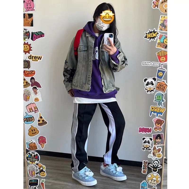 官圖 華棉複合  復古黑白美式側邊條紋休閒褲高腰直筒運動褲