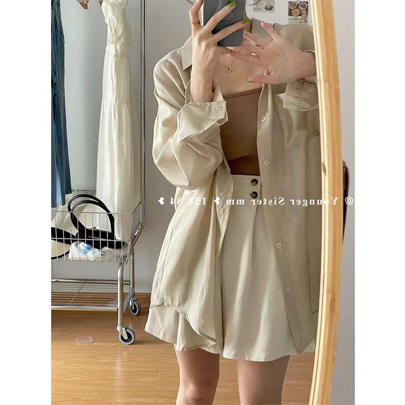 杏色天絲防曬襯衫女夏季薄款設計感小眾雪紡真絲襯衣外套休閒上衣