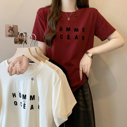 Actual shot of 2024 summer new style fat mm large size fashionable and versatile casual temperament letter printed round neck short-sleeved T-shirt