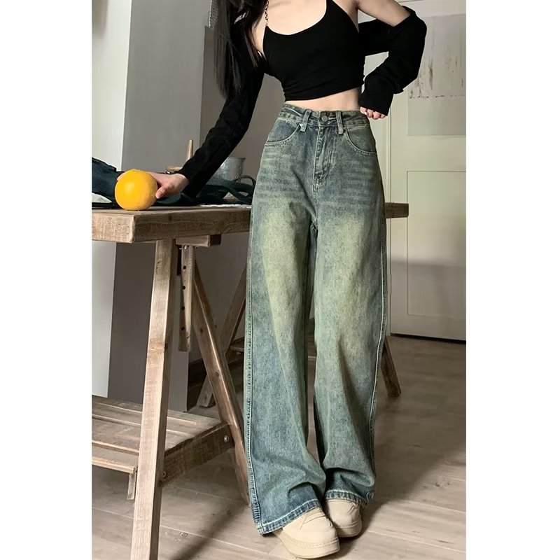 大碼美式復古直筒牛仔褲女春秋季高腰設計感寬鬆闊腿拖地長褲子