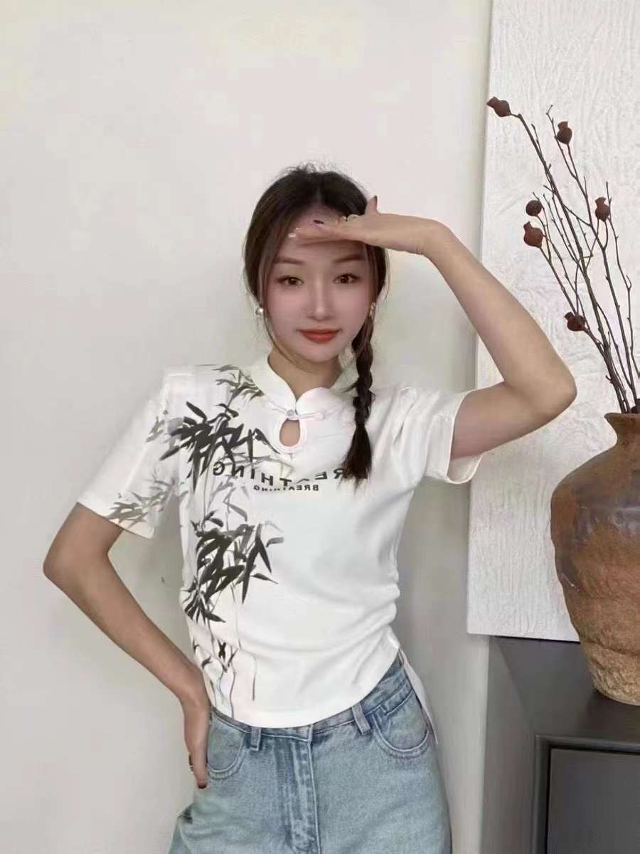 新中式國風短袖t恤女2024夏季新款字母印花設計感短款盤扣上衣