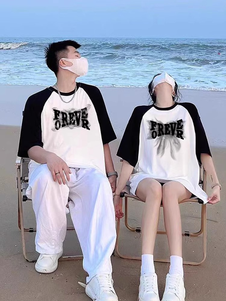 情侶裝短袖t恤夏裝黑白插肩袖2024新款disoo男女潮牌高級感兩件裝