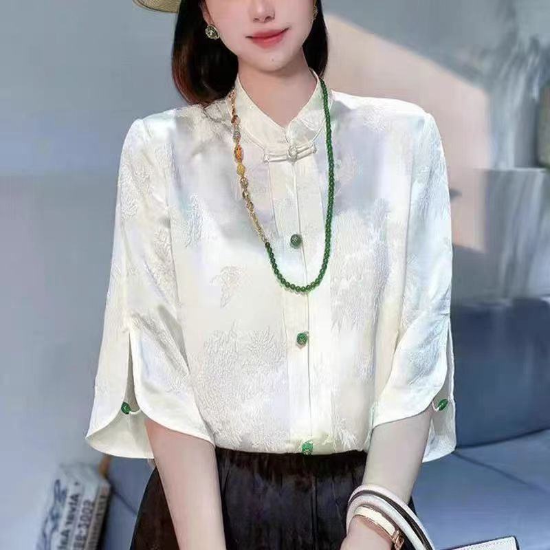 新中式國風盤扣真絲襯衫女士夏季新款襯衣春秋立領唐裝洋氣質上衣
