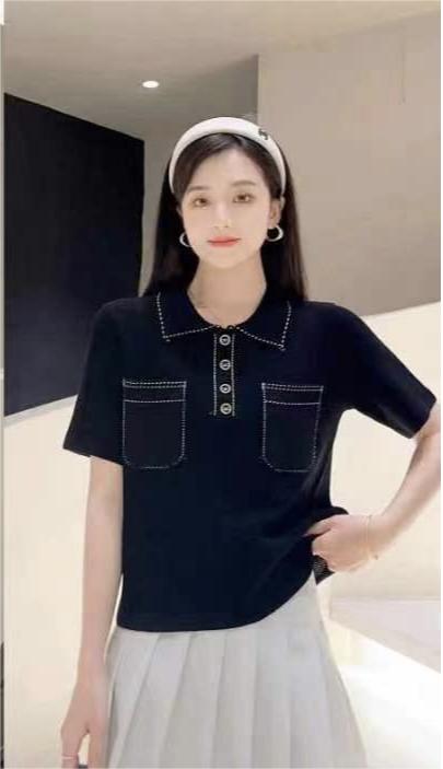 JZZDEMM虛線口袋polo領針織短袖女夏季新款修身氣質薄款上衣百搭