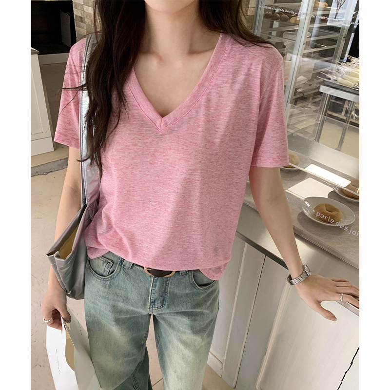 Real photos of right shoulder short-sleeved T-shirt for women summer 2024 new loose design niche half-sleeved T-shirt lazy top