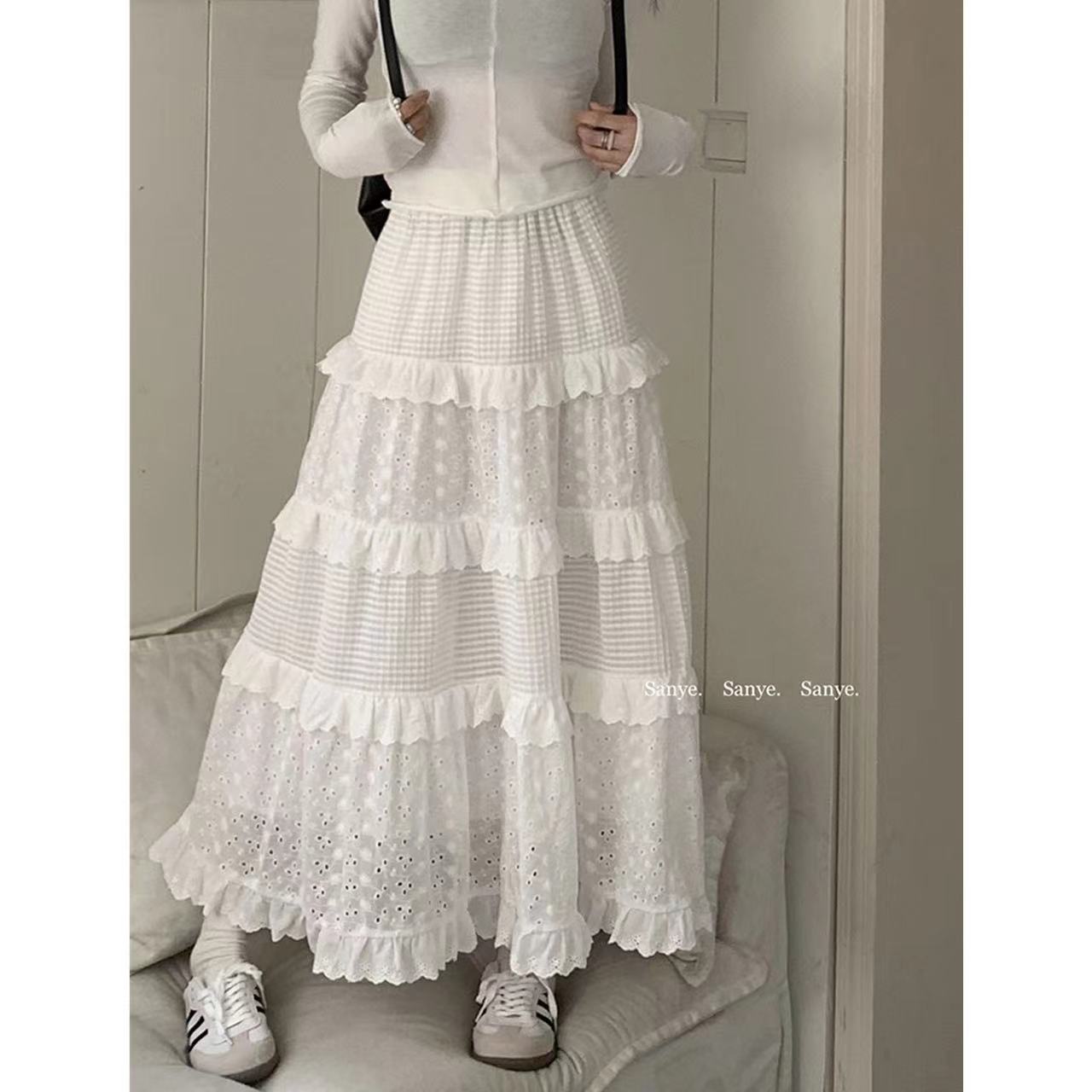 白色半身裙女夏季高腰a字裙蛋糕裙溫柔風長裙設計感小眾鈎花裙子
