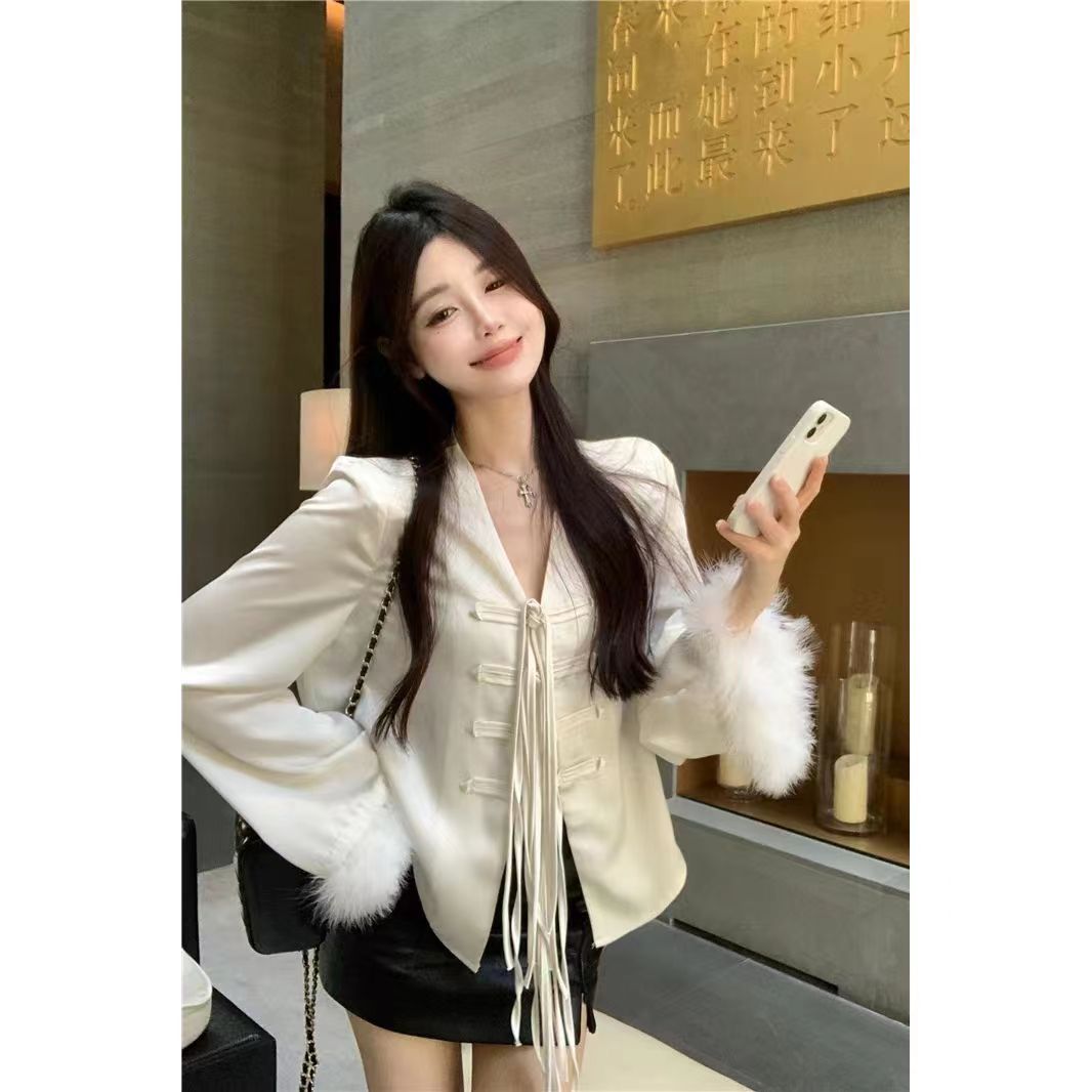 V領長袖拼接羽毛盤扣修身氣質百搭襯衫薄款開衫女