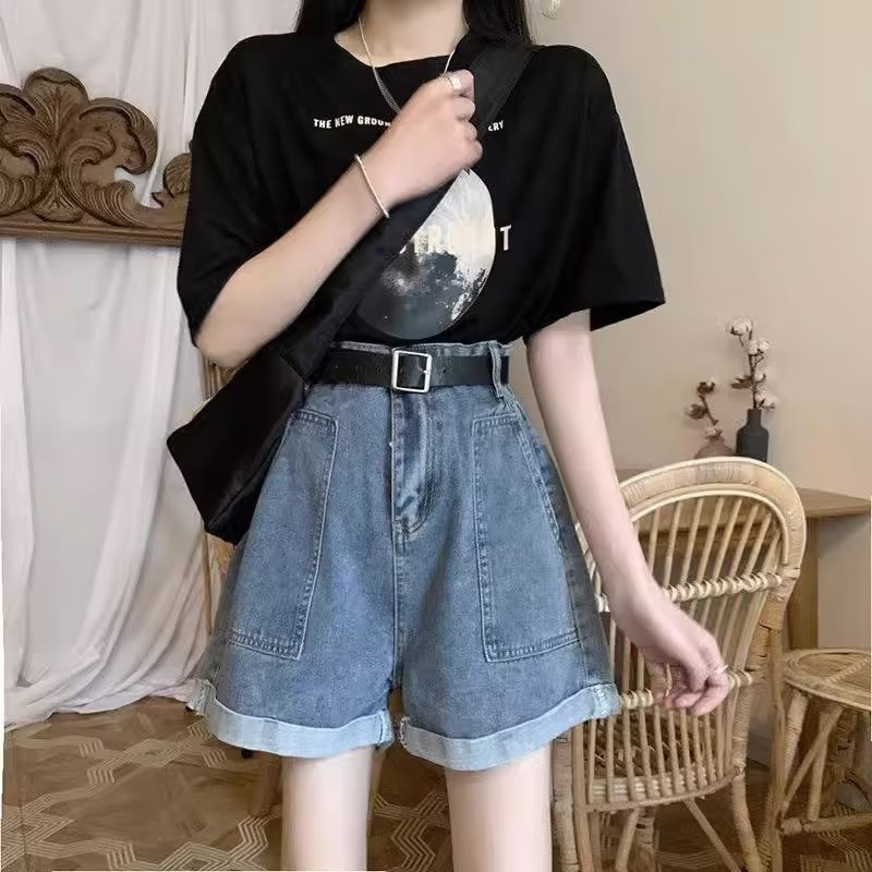 卷邊高腰牛仔褲女夏季2024新款韓版復古寬鬆直筒褲顯瘦闊腿褲短褲