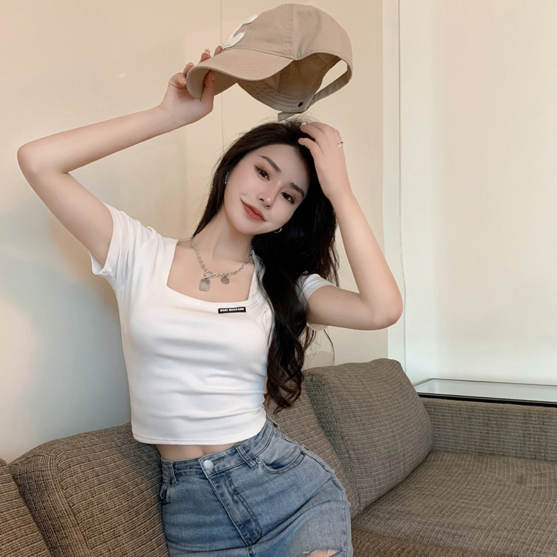 實拍 方領短袖T恤女夏季新款純棉短款辣妹上衣修身洋氣白色半袖潮