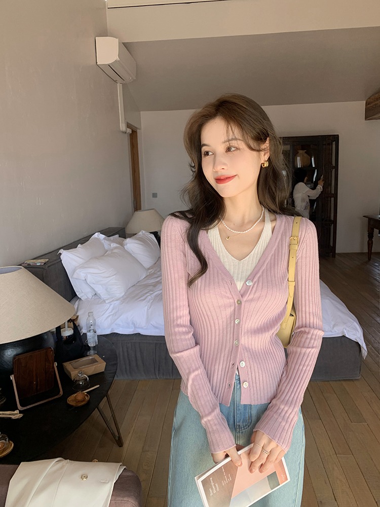 花栗鼠小姐 掛脖假兩件/綿羊毛 鬆弛感針織短上衣女早春獨特别致