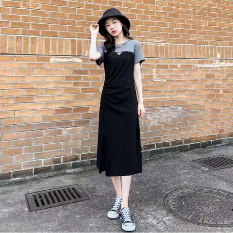 2024新款女裝夏季長款連衣裙女收腰顯瘦氣質拼接短袖過膝開叉長裙