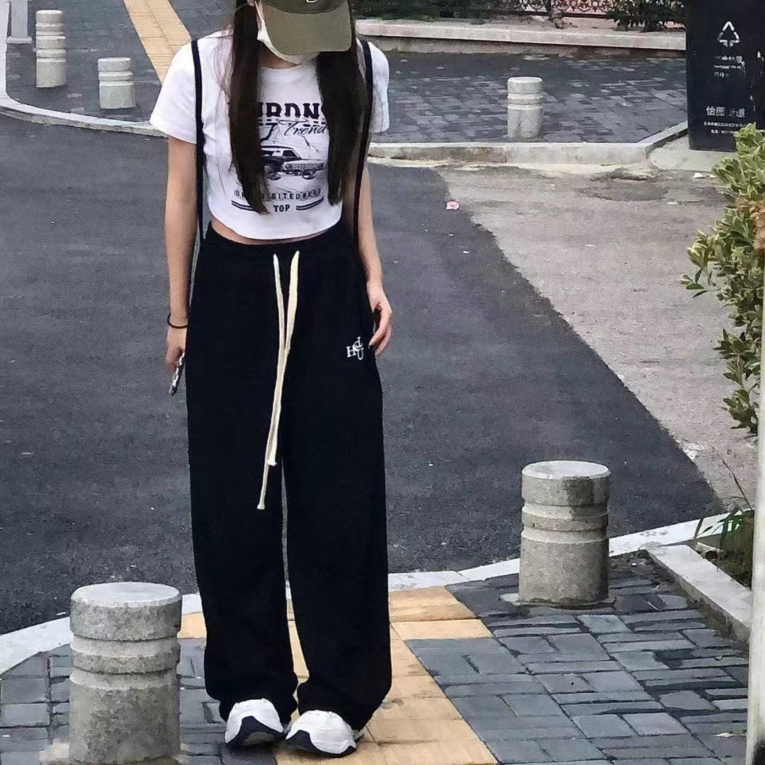 高街美式休閒褲子女春秋新款高腰顯瘦直筒褲ins潮百搭拖地闊腿褲