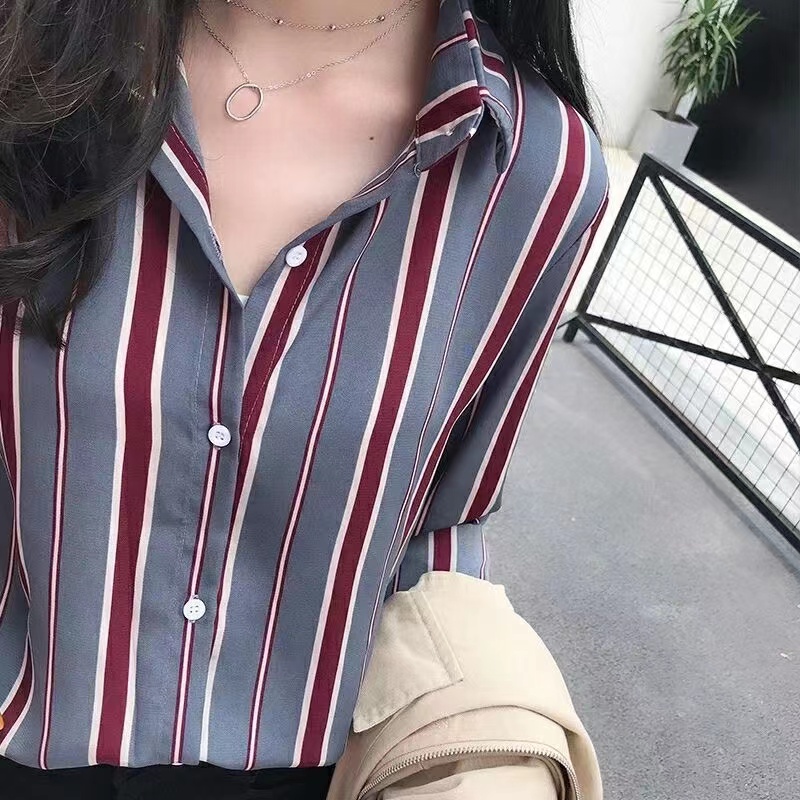 初春秋新款女裝韓版寬鬆條紋襯衫女長袖上衣打底襯衫薄款