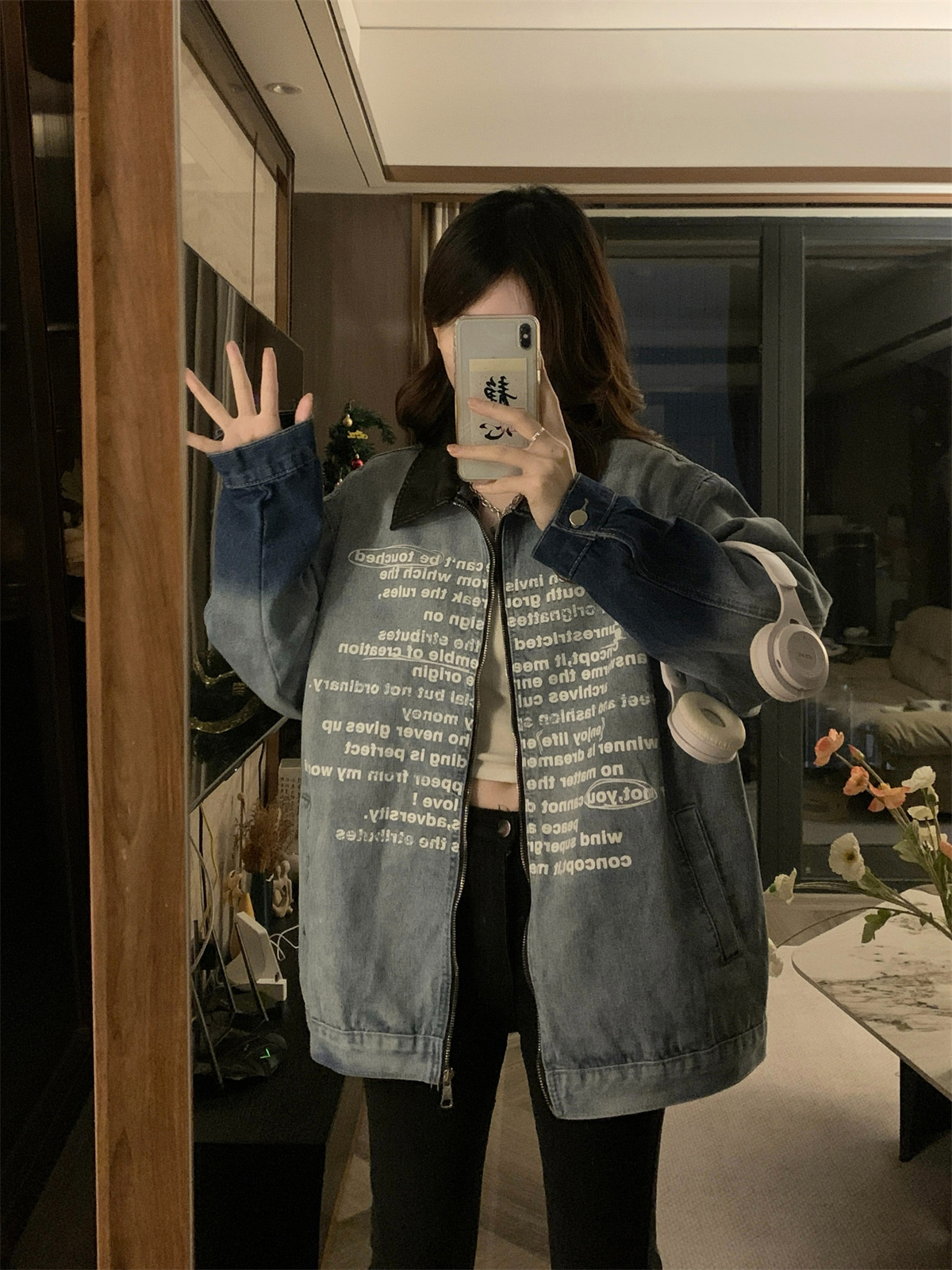 實拍復古印花拼接牛仔外套女春秋2024新款設計感情侶寬鬆夾克上衣