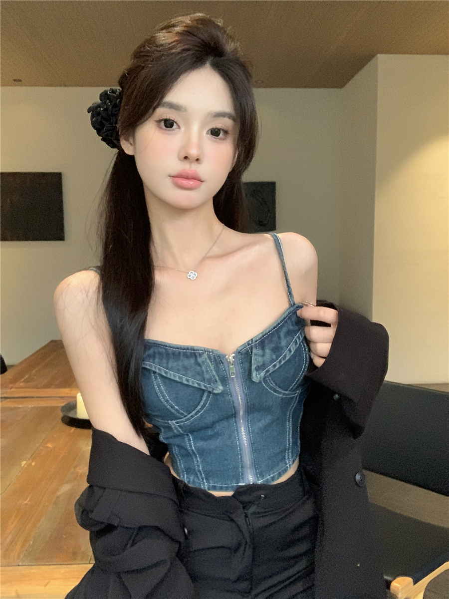 實拍~甜酷牛仔抹胸上衣吊帶短款內搭設計感性感修身顯瘦背心