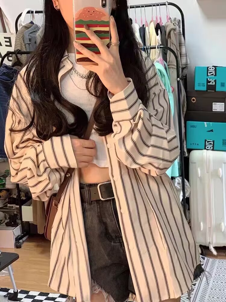 條紋襯衫外套女春秋2024新款韓系設計感小眾薄款長袖開衫長袖上衣