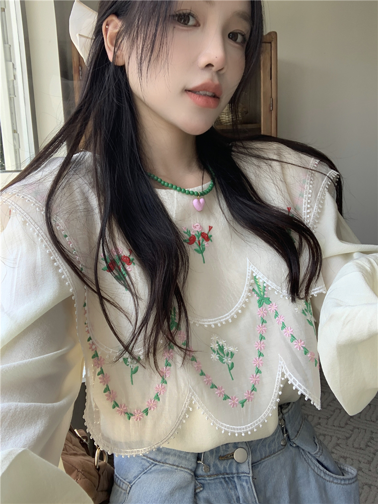 實拍~娃娃領雪紡衫女秋氣質設計感小眾拼接刺繡長袖別致上衣