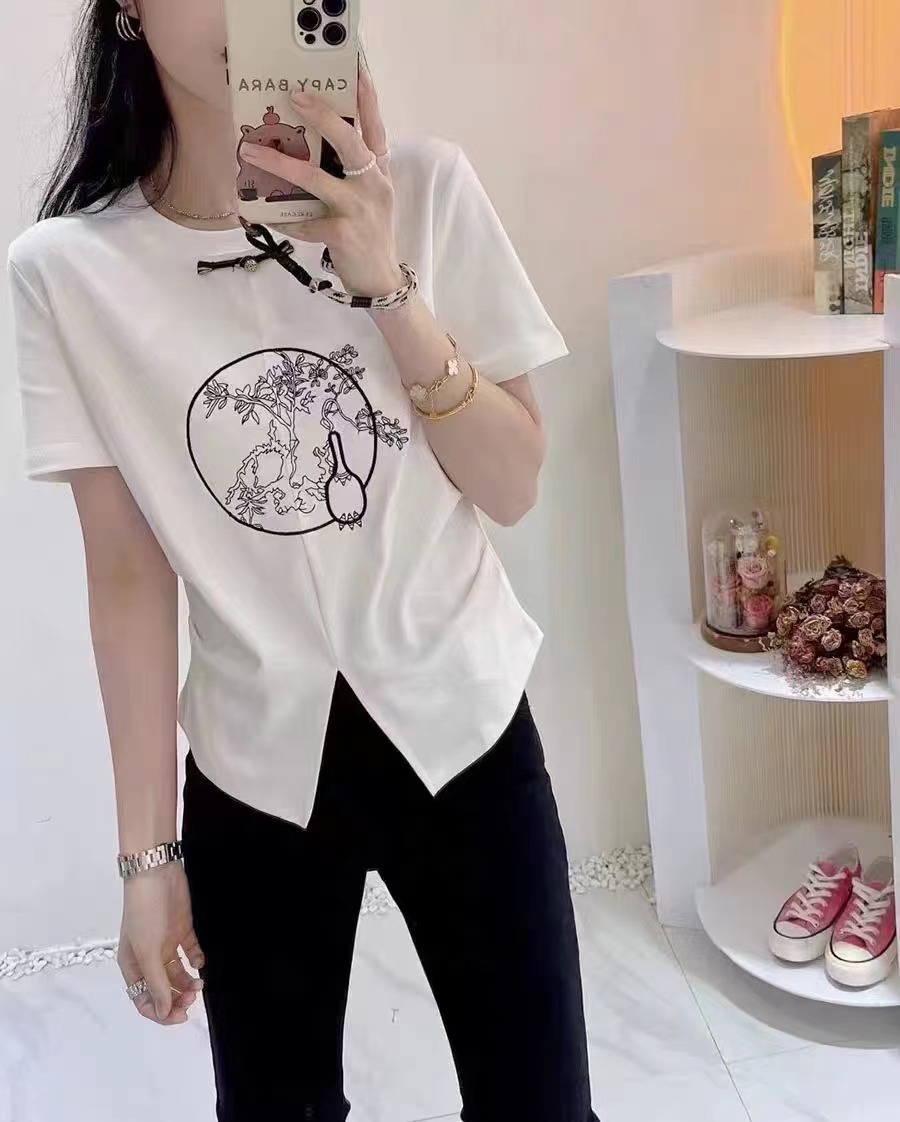 2024新中式女裝國風刺繡打底衫內搭小個子洋氣設計感小眾短袖t恤