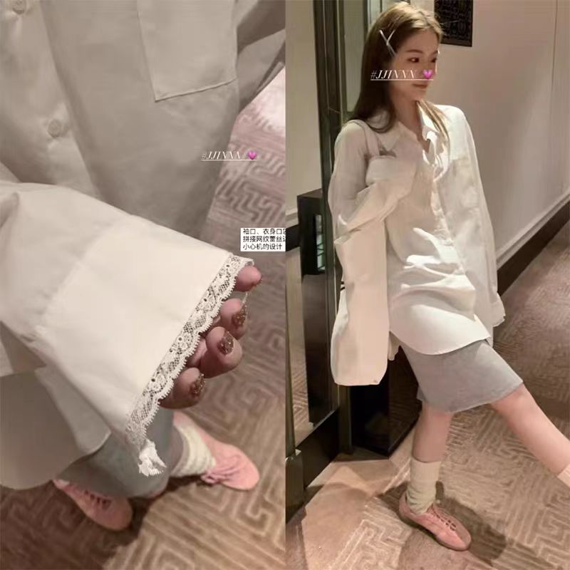 HEYGIRL黑哥 古堡襯衫 蕾絲花邊設計！白色Polo翻領大版襯衫女春
