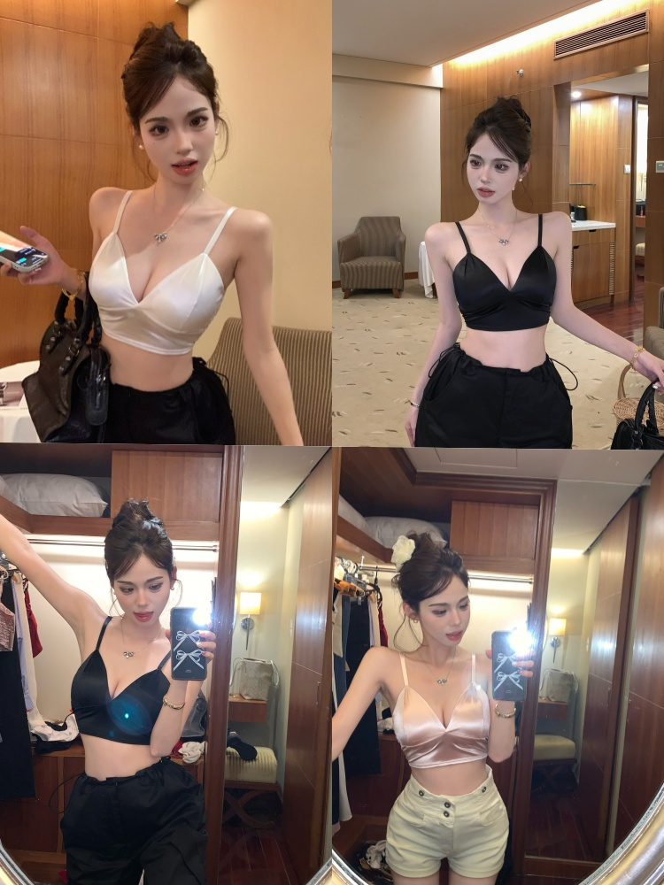 實拍 性感外穿小心機緞面背心上衣帶胸墊內衣抹胸