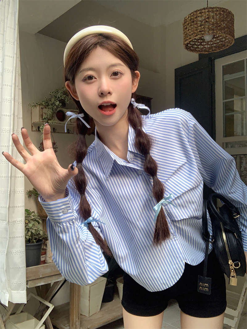 實拍 春夏新款韓版洋氣設計感打褶短款百搭減齡長袖襯衫女