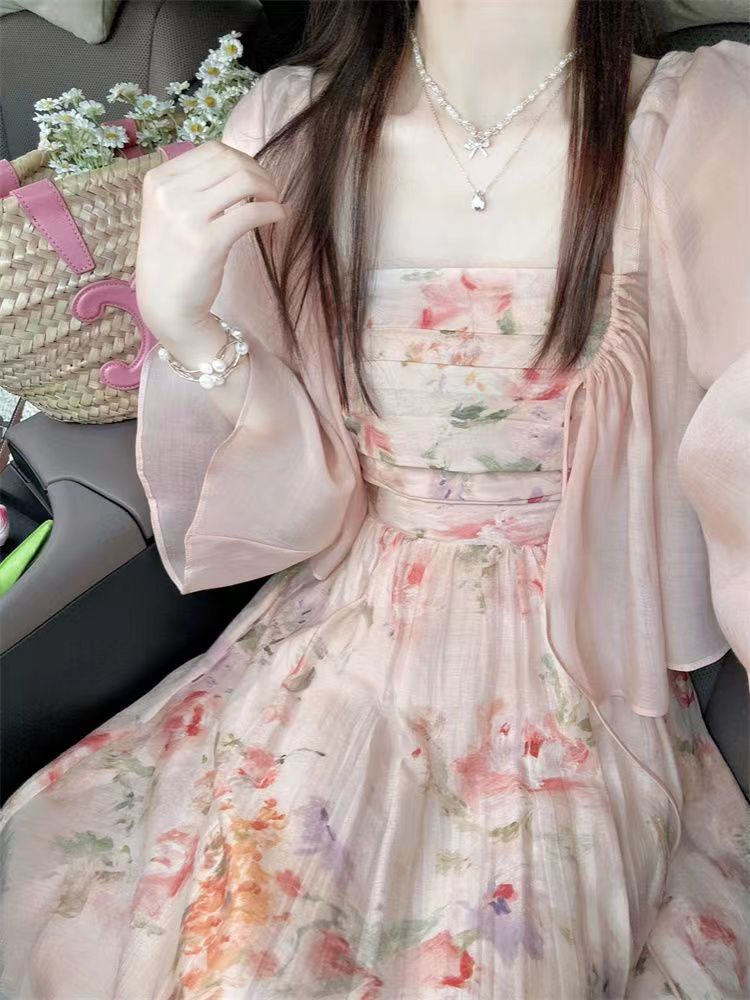 法式溫柔甜美減齡抹胸碎花連衣裙子女夏天外穿防曬衫上衣兩件套裝