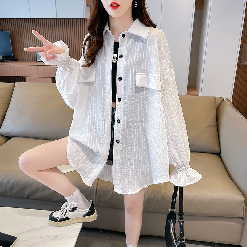實拍-2024夏季防曬襯衫大碼寬鬆百搭上衣女