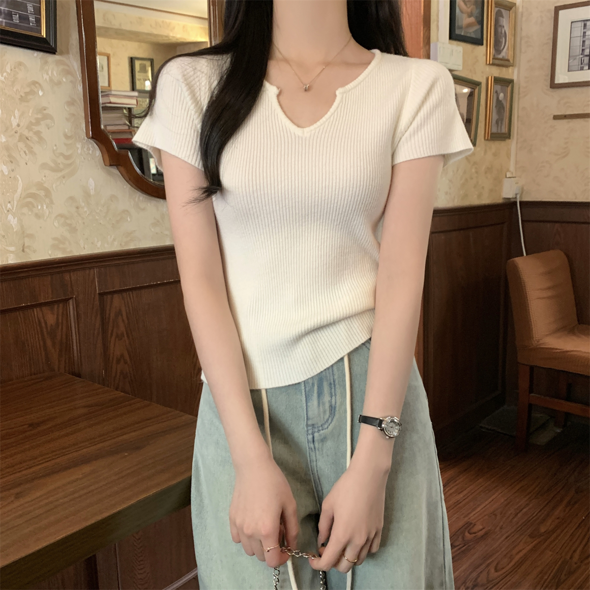 實拍 春夏韓版氣質半開領純色百搭安迪絨針織短袖女上衣