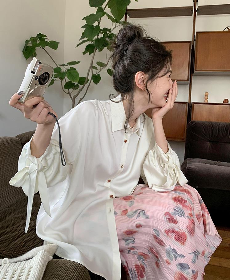 你好卡農 袖口綁帶寬鬆翻領襯衫女2024新款設計感別致垂感上衣春