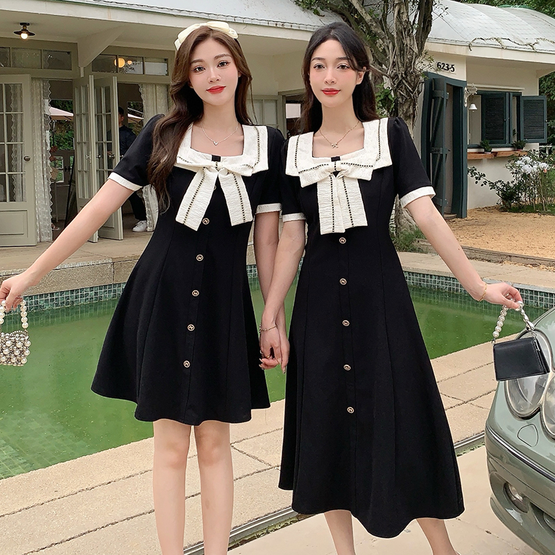 Actual shot of 2024 summer new style fat mm temperament slim contrasting color high-end bestie dress square collar bow dress