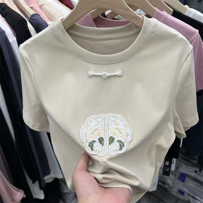 國風刺繡短袖T恤女2024春夏新款新中式短款高腰內搭打底衫上衣潮
