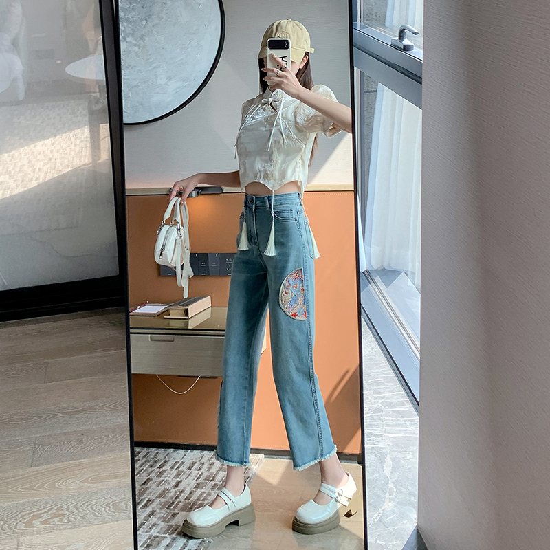實拍新中式國風刺繡直筒牛仔褲女2024法棍褲高腰顯瘦九分煙管褲子