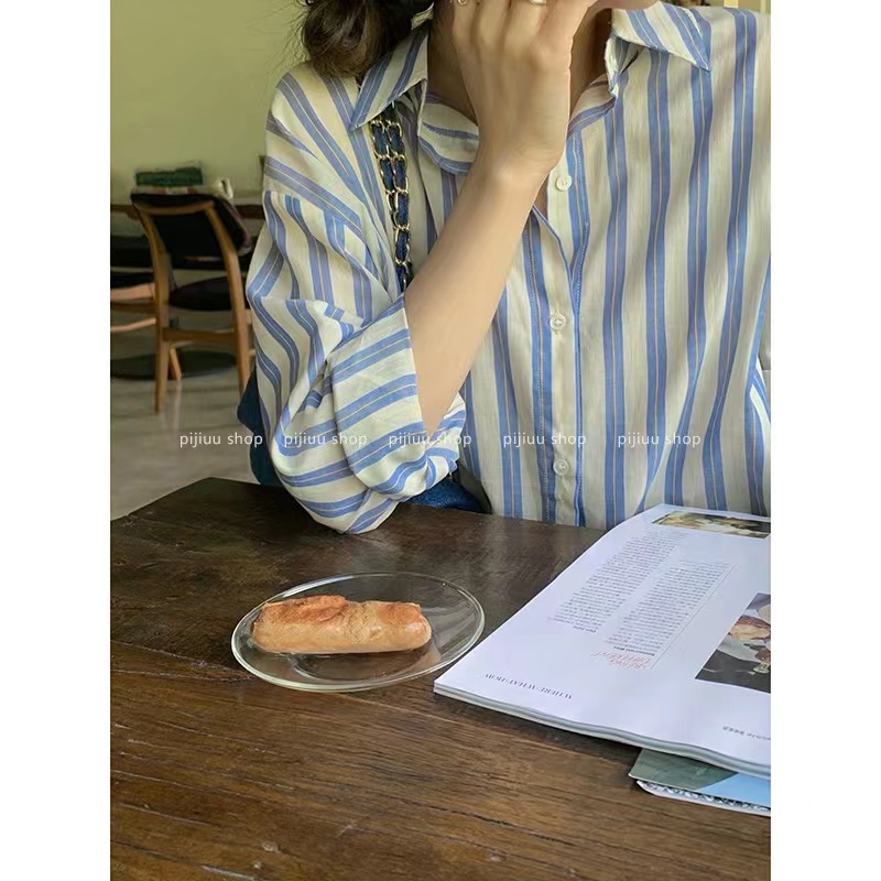 條紋防曬襯衫女薄款設計感小眾chic風襯衣韓版別致長袖上衣