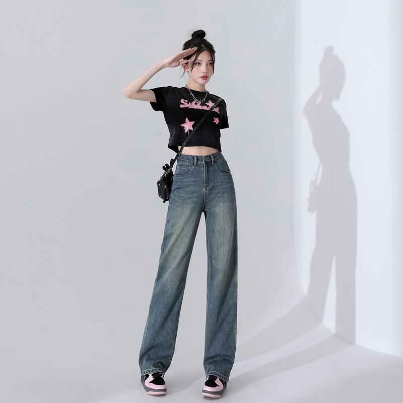 實拍~2024年春夏季新款口袋撞色闊腿牛仔褲女微彈復古直筒拖地褲