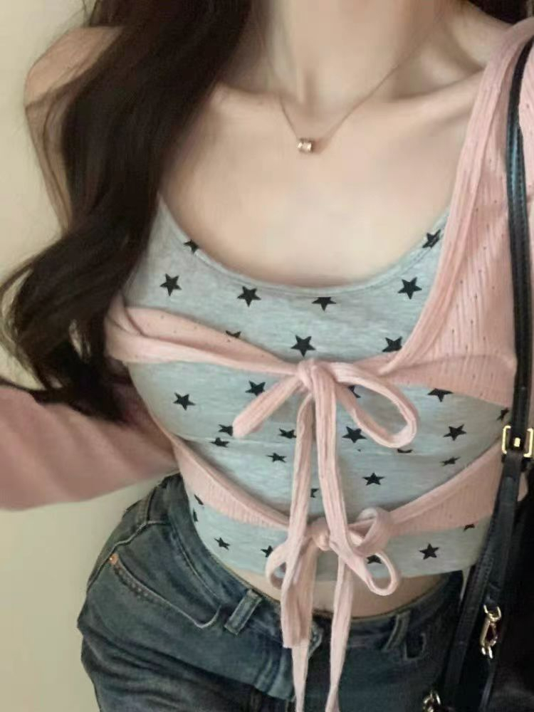 美式復古星星印花設計小眾辣妹短款顯瘦百搭吊帶背心上衣女