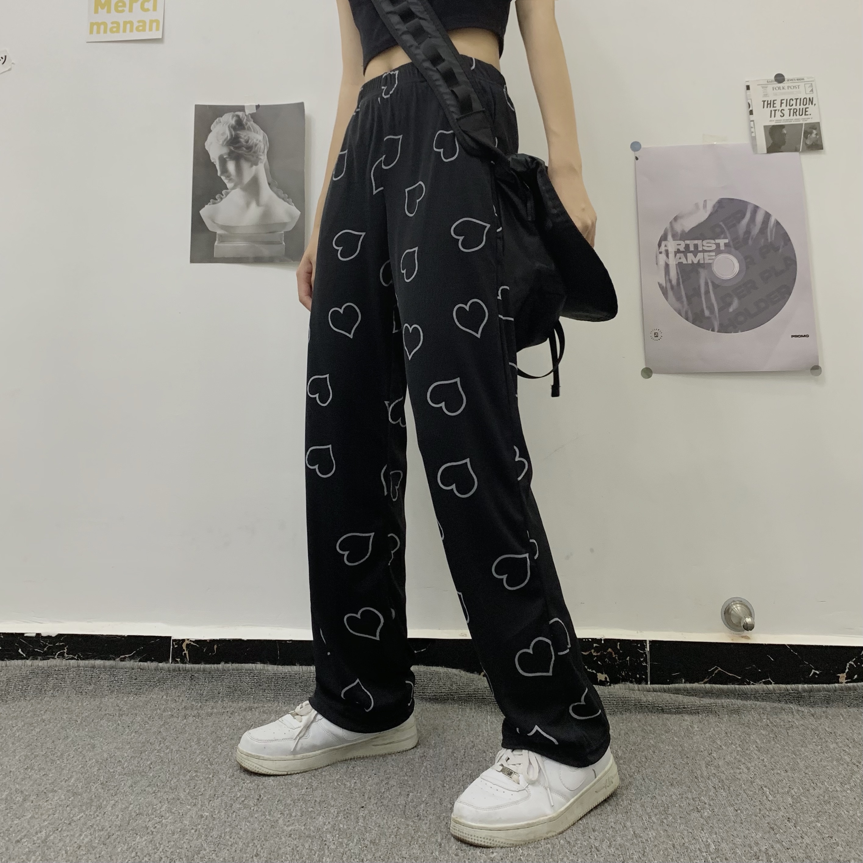 模特實拍原宿愛心高街褲子女春夏設計感高腰寬鬆直筒休閒闊腿褲
