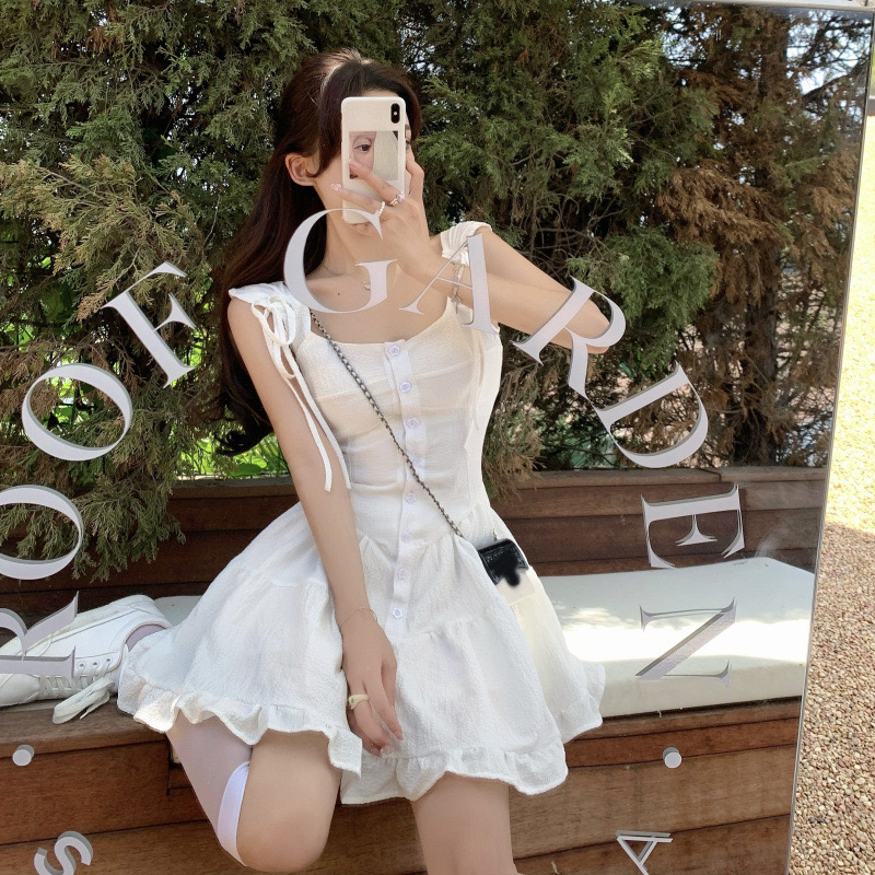 法式復古芭蕾穿搭夏季新款甜美連衣裙短裙修身顯瘦無袖