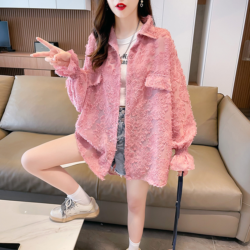 實拍-2024夏季流蘇網紗防曬襯衫大碼寬鬆百搭上衣女