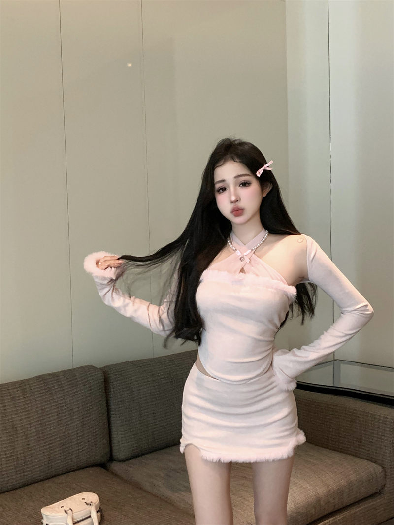 實拍~針織掛脖抹胸套裝裙女春季新款純欲包臀短裙長袖坎肩